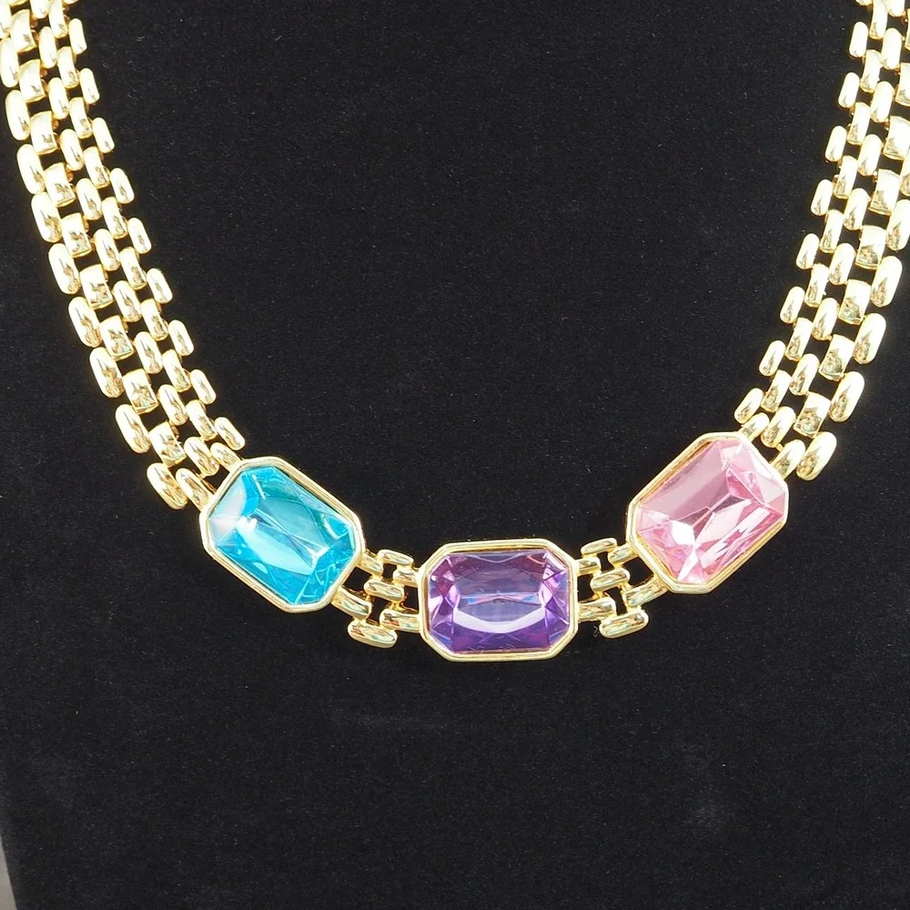 Trifari Panther Link Choker Necklace Pink Blue Purple Glass Gold Tone MCM VTG